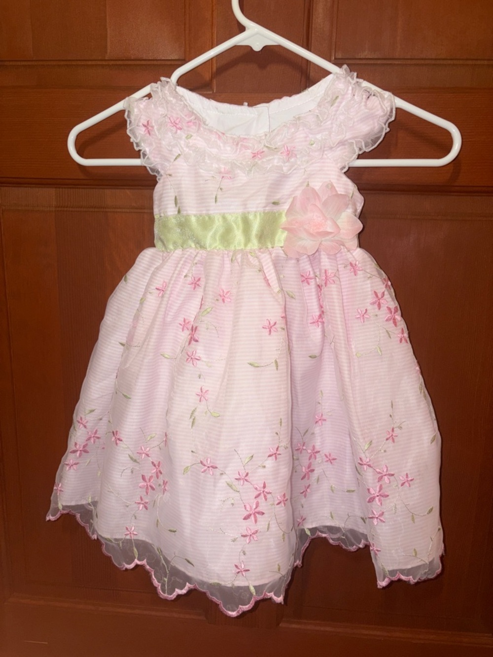 Jona Michelle Pink Floral Dress with Green Sash and Flower